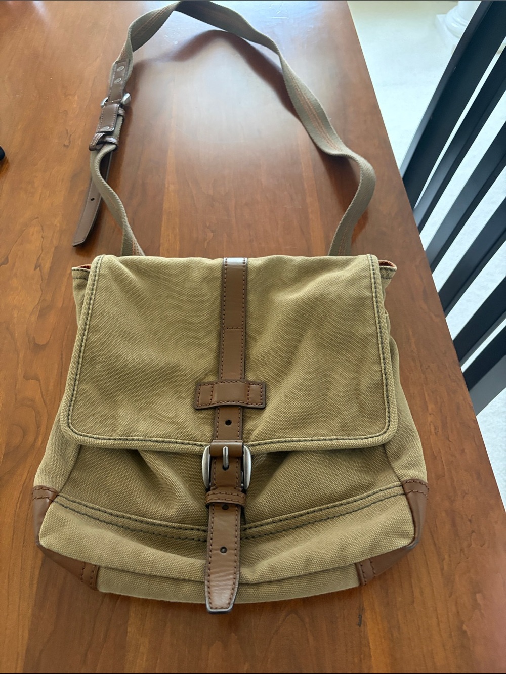 Fossil army green Canvas Satchel with Brown Leather Trim